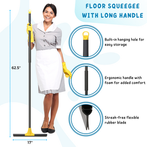 Squeegee Broom for Floor, 18'' Rubber Squeegee with 60'' Long Handle for Bathroom Tile, Garage Concrete, Deck, Shower Glass, Window Cleaning, Heavy Duty Household Floor Wiper