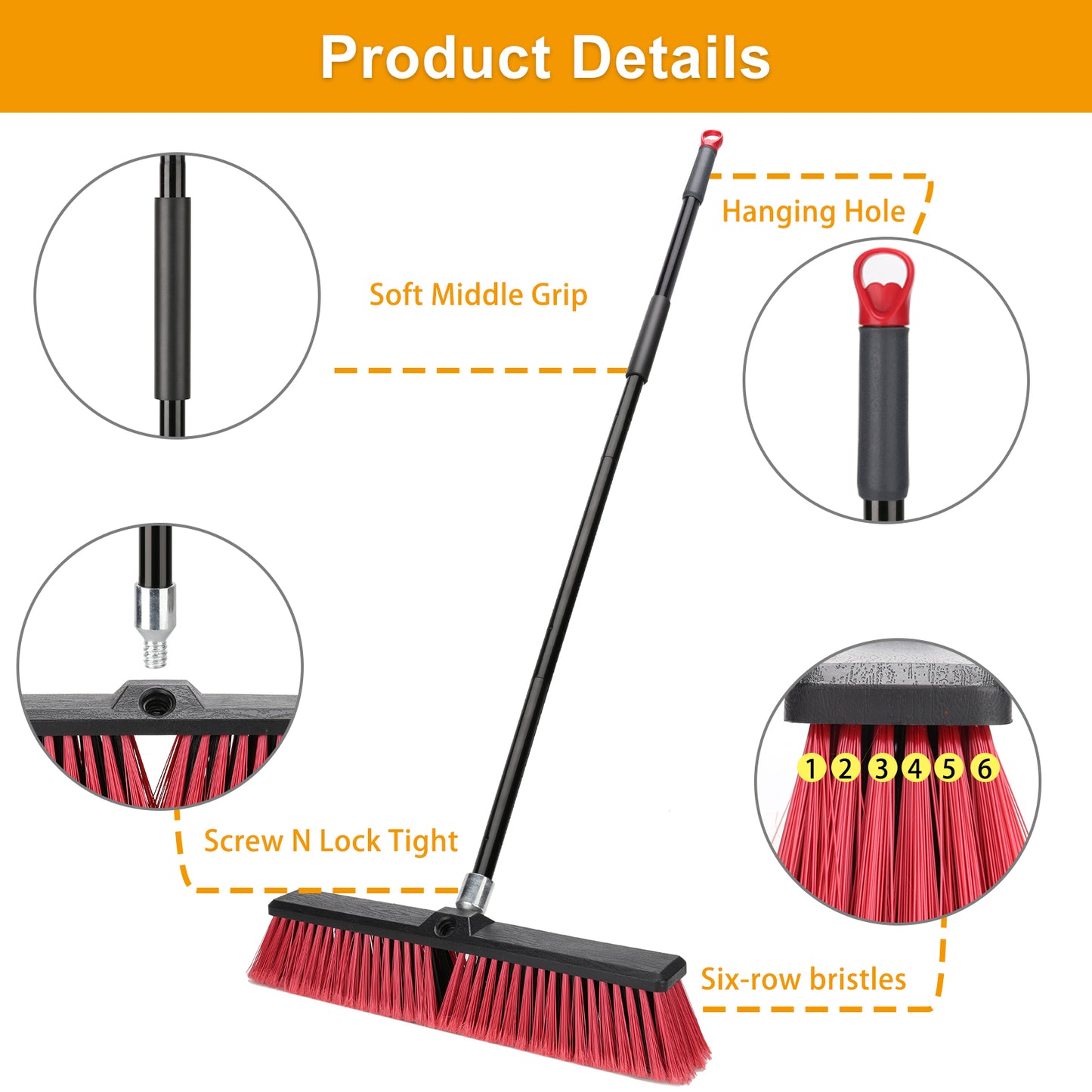 18 inches Heavey Duty Push Broom Outdoor Garden Broom with 63" Long Handle-Red