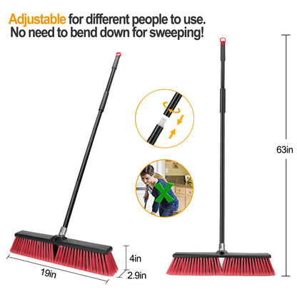 18 inches Heavey Duty Push Broom Outdoor Garden Broom with 63" Long Handle-Red