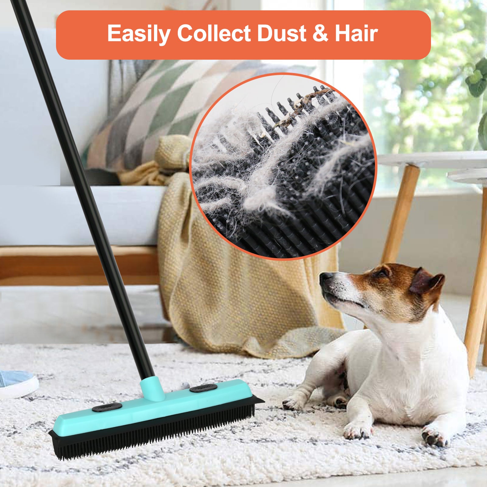 Rubber Broom Carpet Rake with Squeegee Long Handle for Pet