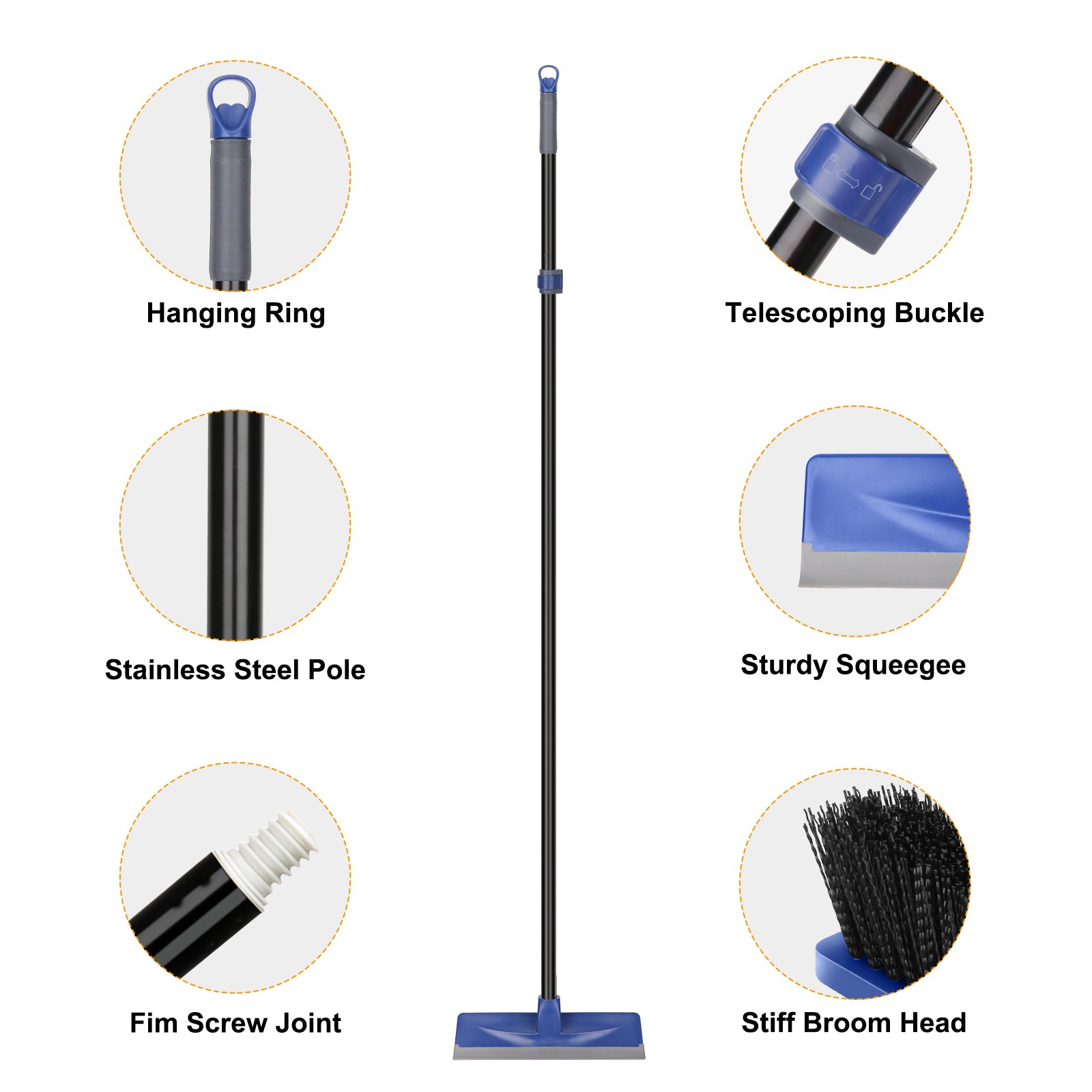 KeFanta Floor Scrub Brush with Long Handle 59, Heavy Duty Stiff Bristle Floor Scrubber with Squeegee for Cleaning Deck Patio Bathroom Garage