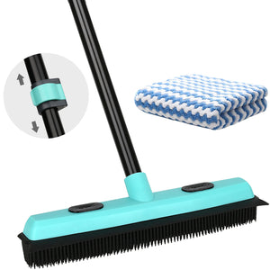 Rubber Floor Brushes Pet Hair Broom with Squeegee150 CM Adjustable Handle, for Hardwood Floor, Tile Artificial Grass Cleaner Brush includes One Microfiber Cloth Dusting