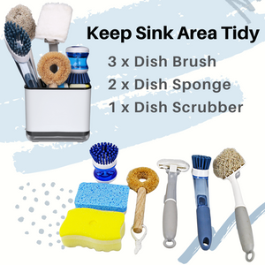 Sink Caddy for Countertop, Sponge Holder for Kitchen Sink, Dish Sponge and Brush Holder, Plastic Dish Scrubber Organizer with Drain Pan, White