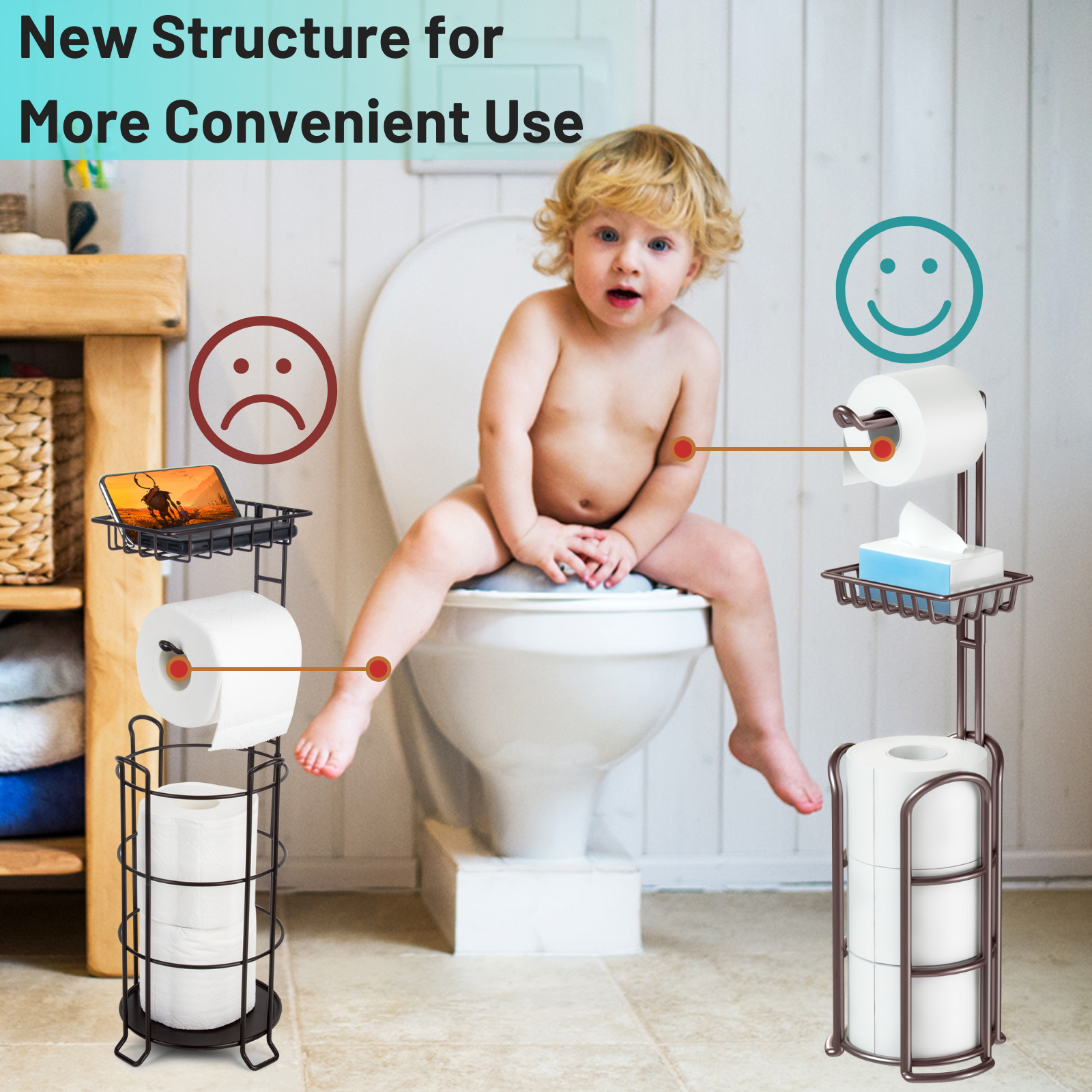 Freestanding Toilet Paper Holder w/Reserve for Bathroom Tissue Roll Holder  Stand