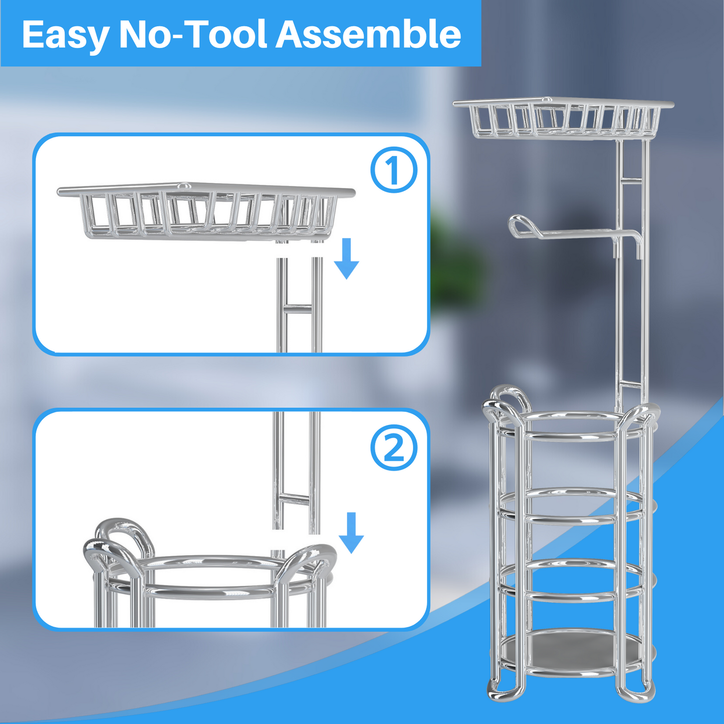 Toilet Paper Holder Stand with Shelf for Phone, Bathroom Free Standing Tissue Roll Storage Rack with Dispenser for 4 Mega Rolls, Chrome