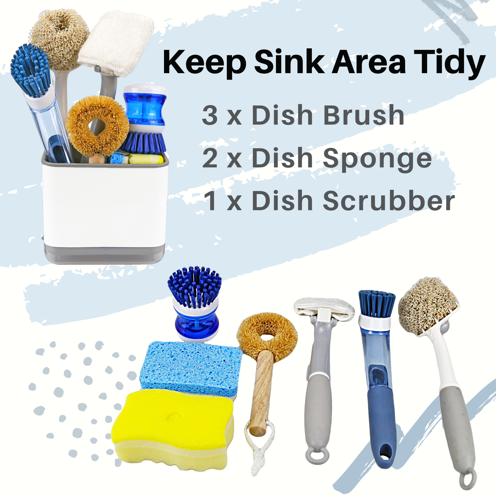 KeFanta Sink Counter Caddy, Dish Sponge Holder, Kitchen Sink Sponge and  Brush Holder, Plastic Dish Scrubber Organizer with Drain Tray, White