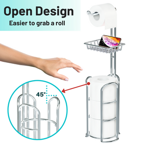 Toilet Paper Holder Stand with Reserve and Dispenser for 4 Mega Rolls, Bathroom Freestanding Toilet Tissue Paper Roll Storage with Cell Phone Shelf, Chrome