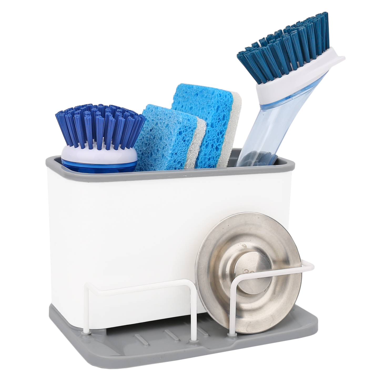 Kitchen Sink Caddy, Sink Sponge Holder, Dish Brush and Scrubber Organizer for Kitchen Counter, Plastic Bottle Brush Holder with Drain Tray, White