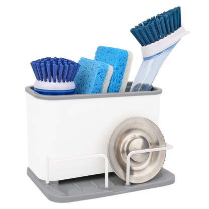 Kitchen Sink Caddy, Sink Sponge Holder, Dish Brush and Scrubber Organizer for Kitchen Counter, Plastic Bottle Brush Holder with Drain Tray, White