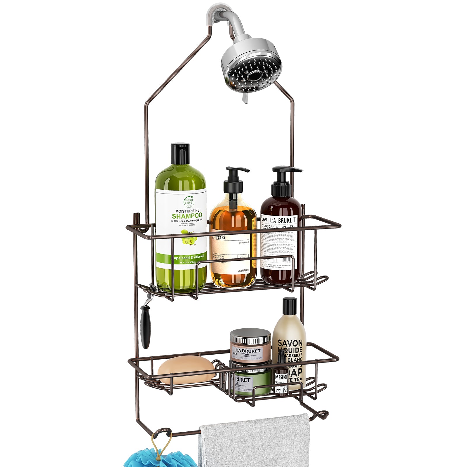 Gaseawolf Over Shower Door Caddy, Hanging Organizer With 2-Tier Rack and  Hooks, Holds Body Wash, Shampoo, Soap, Razor, Towel