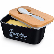 Load image into Gallery viewer, Ceramic Butter Dish with Bamboo Lid for Countertop,Large Butter Keeper with Knife,Black Porcelain Airtight Covered Butter Holder and Container,Perfect for 2 Sticks of Butte
