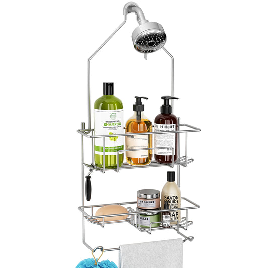 Shower Caddy over Shower Head, Hanging Shower Organizer Rack, Bathroom Caddy for Shower, Rustproof Shampoo Holder Shelf, Silver