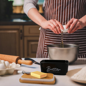 Ceramic Butter Dish with Bamboo Lid for Countertop,Large Butter Keeper with Knife,Black Porcelain Airtight Covered Butter Holder and Container,Perfect for 2 Sticks of Butte