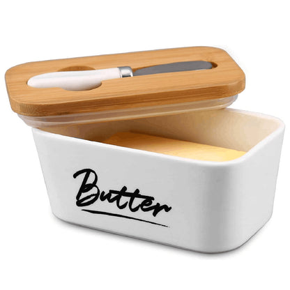 Butter Dish with Lid for Countertop,Ceramic Large 22oz Butter Keeper,Covered Butter Holder and Container,White Porcelain Airtight Butter Dish with Knife for East West Coast Butter Fridge Storage