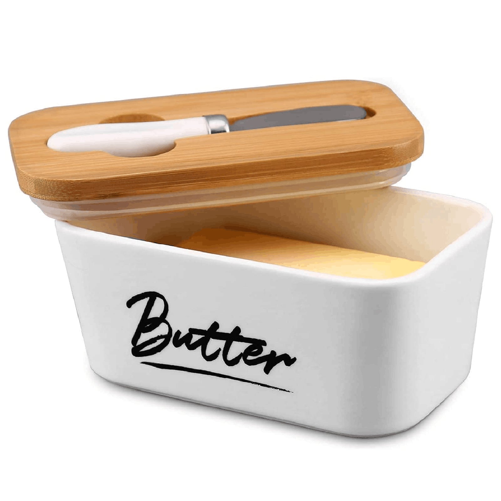 Ceramic Butter Dish with Bamboo Lid for Countertop,Large Butter