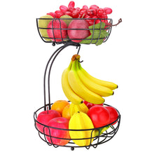 Load image into Gallery viewer, Fruit Basket for Kitchen Countertop, Black 2 Tier Fruits Holder Stand with Banana Hanger, Wire Produce Vegetable Storage Bowl

