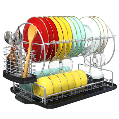 Dish Drying Rack with Drainboard Set for Kitchen Counter, Rustproof 2 Tier Dish Rack, Space Saving Dish Drainer with Utensil Holder, Silver