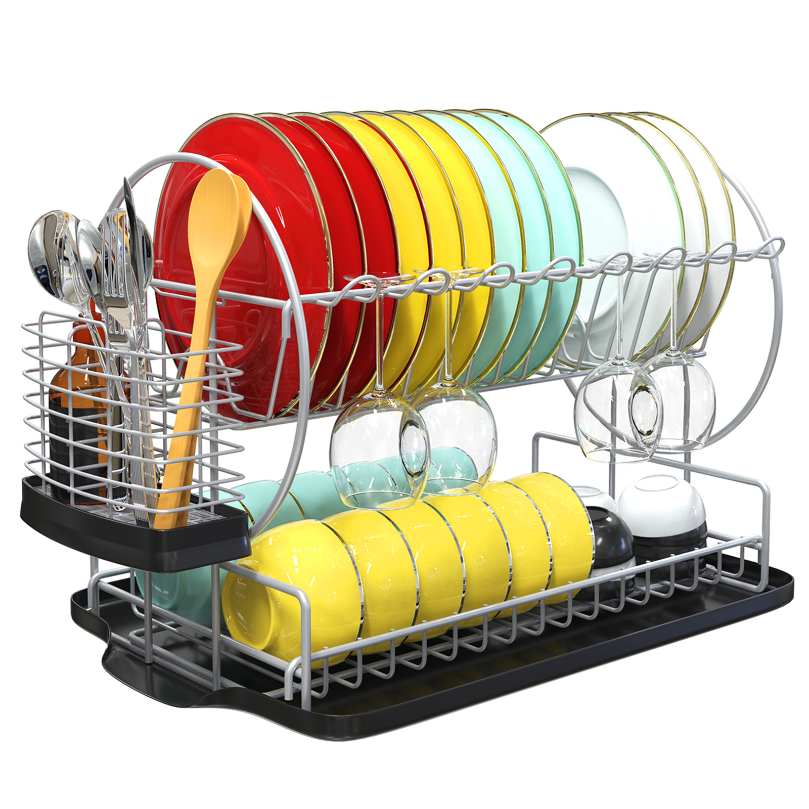 2-Tier Drying Dish Rack and Drain Board Set Utensil Holder Metal Kitchen  Counter