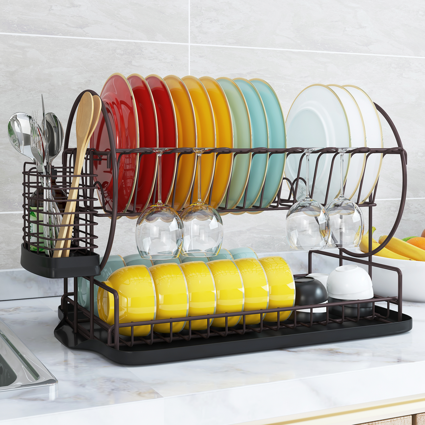 Dish Drying Rack with Drainboard for Kitchen Counter, Bronze 2 Tier Dish Rack with Utensil Holder, Multifunction Dishes Drainer with Drainage, Double Tier Plate Drying Rack with Tray