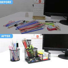 Load image into Gallery viewer, Pen Holder Pencil Holders for Desk Pencil Cup,4 Compartments Pen and Pencil Holders,2 Piece Mesh Stationery Organizer for Office Desk,Black Office Supplies Accessory for Desktop
