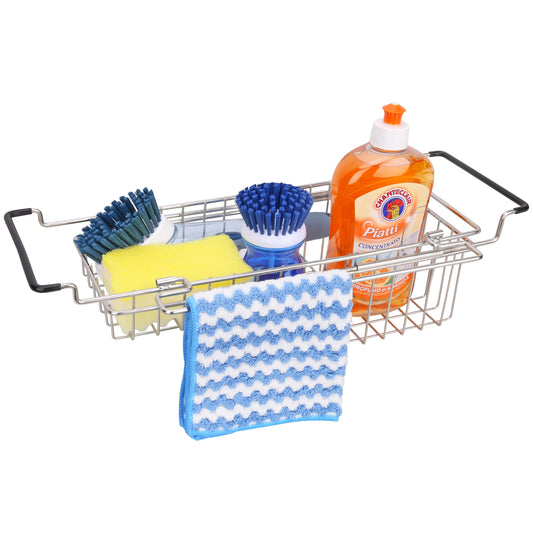 Sink Caddy Kitchen Sink Organizer with Dish Towel Bar, Stainless Steel Telescopic Sink Storage Rack, Farmhouse in Sink Sponge Holder, Expandable Utility Sink Accessories (14''-20'')