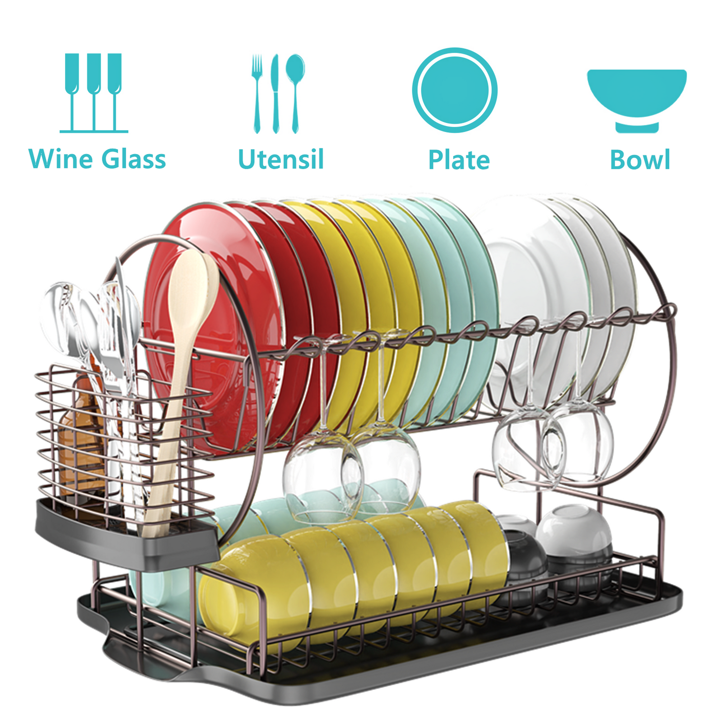 Dish Drying Rack with Drainboard for Kitchen Counter, Bronze 2 Tier Dish Rack with Utensil Holder, Multifunction Dishes Drainer with Drainage, Double Tier Plate Drying Rack with Tray