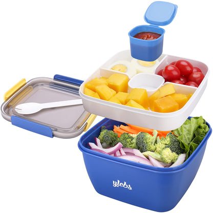 Bento Box Salad Lunch Containers with Compartments,52-oz Salad Bowl with Bento-Style Tray,Leak-Proof Lunch Box for Kids & Adults,BPA-Free and Food-Safe Materials(Blue)