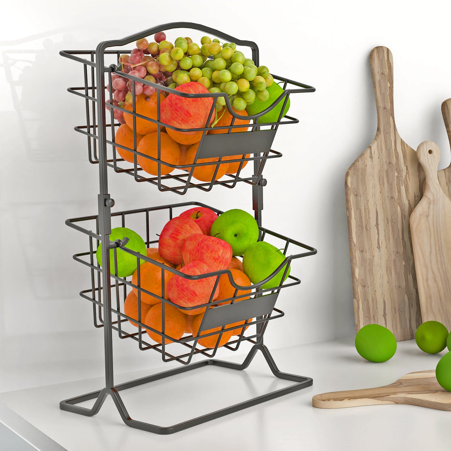 Fruit Basket for Kitchen, Antique Black 2 Tier Vegetable Produce Holder Stand for Countertop, Potato and Onion Storage Rack