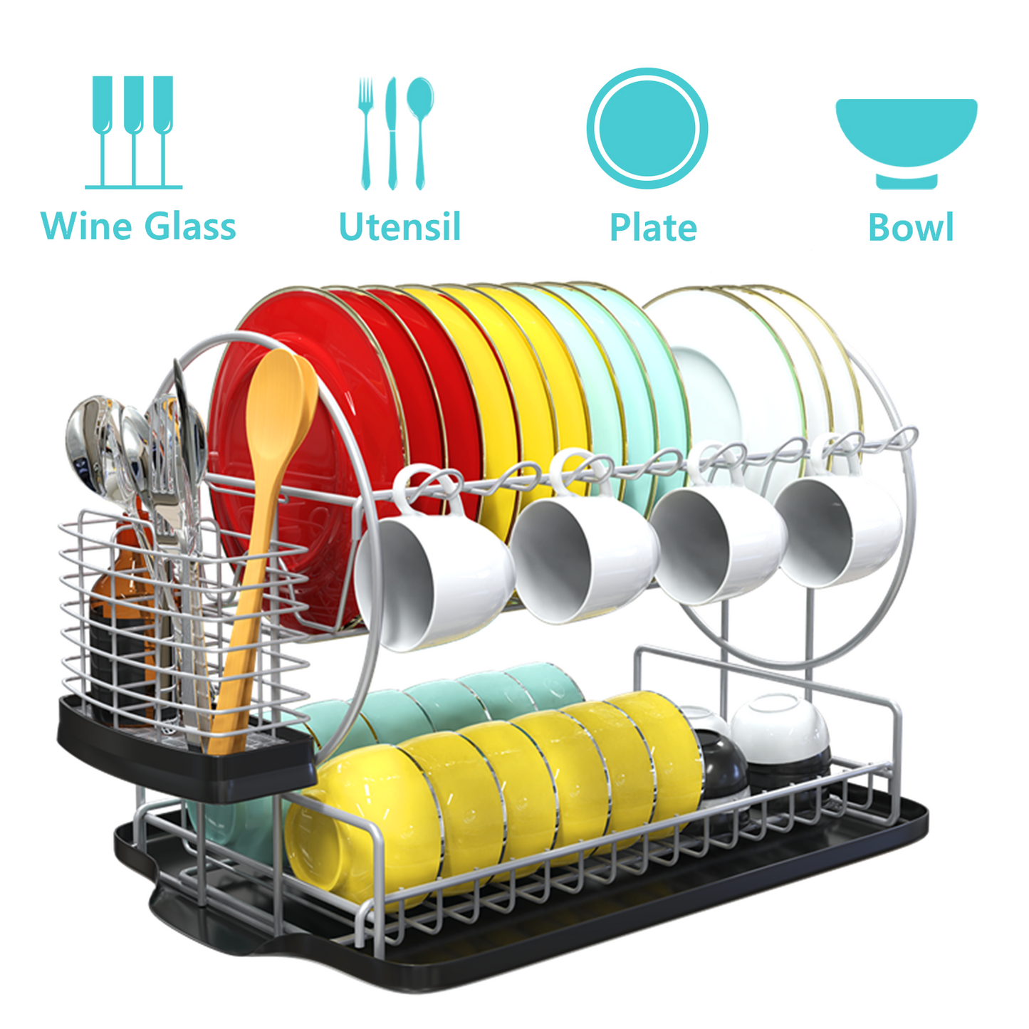 Dish Drying Rack with Drainboard Set for Kitchen Counter, Rustproof 2 Tier Dish Rack, Space Saving Dish Drainer with Utensil Holder, Silver