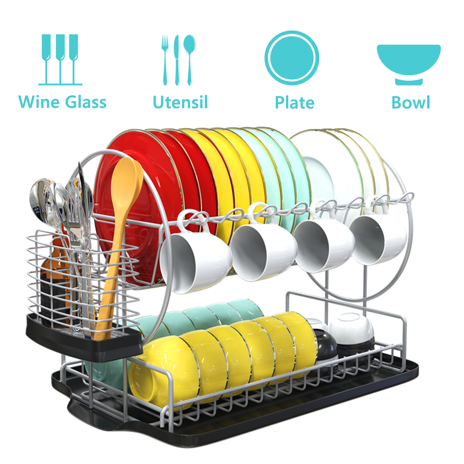 iSPECLE Dish Drying Rack - 2 Tier Dish Rack with Cup Holder, Dish Drainer  with Drainboard and Utensil Holder Large Capacity for Small Kitchen
