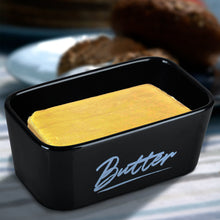 Load image into Gallery viewer, Ceramic Butter Dish with Bamboo Lid for Countertop,Large Butter Keeper with Knife,Black Porcelain Airtight Covered Butter Holder and Container,Perfect for 2 Sticks of Butte
