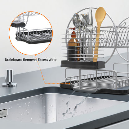 Dish Drying Rack with Drainboard Set for Kitchen Counter, Rustproof 2 Tier Dish Rack, Space Saving Dish Drainer with Utensil Holder, Silver