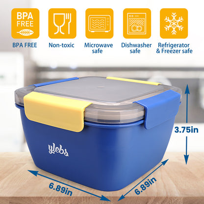 Bento Box Salad Lunch Containers with Compartments,52-oz Salad Bowl with Bento-Style Tray,Leak-Proof Lunch Box for Kids & Adults,BPA-Free and Food-Safe Materials(Blue)