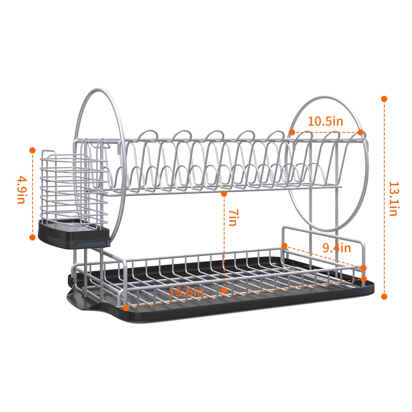 Dish Drying Rack with Drainboard Set for Kitchen Counter, Rustproof 2 Tier Dish Rack, Space Saving Dish Drainer with Utensil Holder, Silver