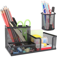 Load image into Gallery viewer, Pen Holder Pencil Holders for Desk Pencil Cup,4 Compartments Pen and Pencil Holders,2 Piece Mesh Stationery Organizer for Office Desk,Black Office Supplies Accessory for Desktop
