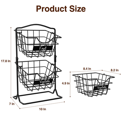 Fruit Basket for Kitchen, Antique Black 2 Tier Vegetable Produce Holder Stand for Countertop, Potato and Onion Storage Rack