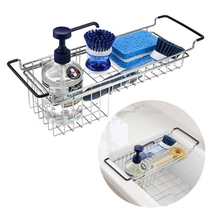 Kitchen Sink Caddy Sponge Holder, Hanging Dish Sponge Organizer Holder, Telescopic Farmhouse Sink Accessories, Over Sink Expandable(14''-20'') Brush Soap Storage Rack - Stainless Steel