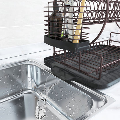 Dish Drying Rack with Drainboard for Kitchen Counter, Bronze 2 Tier Dish Rack with Utensil Holder, Multifunction Dishes Drainer with Drainage, Double Tier Plate Drying Rack with Tray