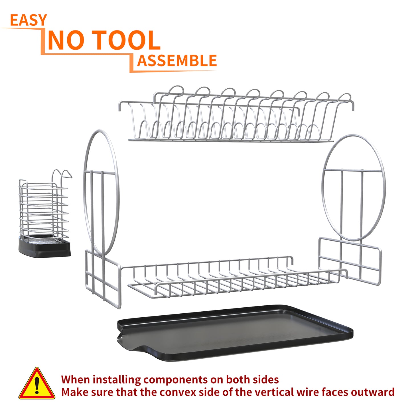 Dish Drying Rack with Drainboard Set for Kitchen Counter, Rustproof 2 Tier Dish Rack, Space Saving Dish Drainer with Utensil Holder, Silver