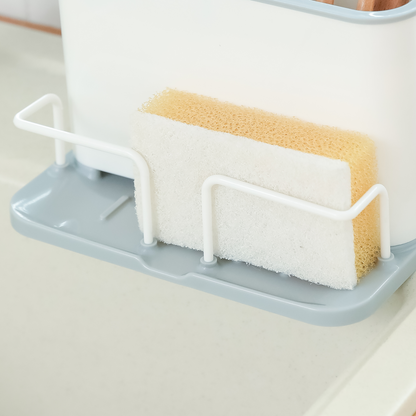 Kitchen Sink Caddy, Sink Sponge Holder, Dish Brush and Scrubber Organizer for Kitchen Counter, Plastic Bottle Brush Holder with Drain Tray, White