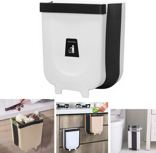 Folding Trash Can, Wall Mounted Folding Waste Bin, Hanging Garbage Can for Kitchen Cabinet Door, Foldable Plastic Car Bathroom Waste Basket White