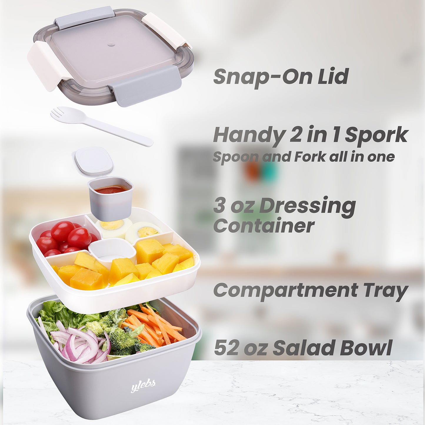 Bento Box Adult Lunch Box,Salad Container for Lunch with Large 52-oz Salad Bowl,3-Compartment Bento-Style Tray and 3-oz Sauce Container for Dressings,Meal Prep to Go Containers for Food Fruit Snack