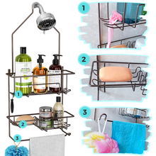 Load image into Gallery viewer, Hanging Shower Caddy over Shower Head, Bathroom Shower Organizer, Shower Storage Rack, Shampoo and Soap Holder, Bronze
