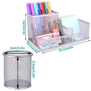 Pen Holder Pencil Holder for Desk 2 Pack,3 Compartments Mesh Office Supplies Accessories Caddy with Round Pen Cup Holder, Desk Organizer for Home, Office and School,Silver
