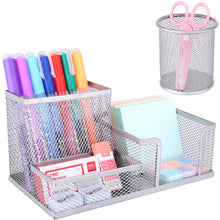 Load image into Gallery viewer, Pen Holder Pencil Holder for Desk 2 Pack,3 Compartments Mesh Office Supplies Accessories Caddy with Round Pen Cup Holder, Desk Organizer for Home, Office and School,Silver

