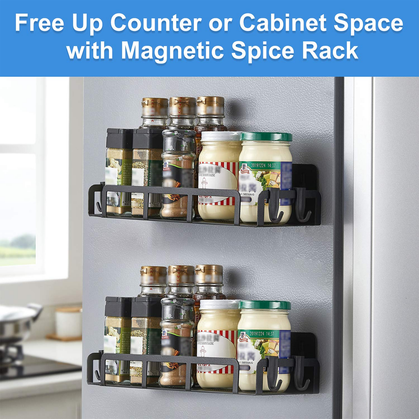 Magnetic Spice Rack for Refrigerator with 4 Removable Hooks,Heavy Duty Magnetic Shelf for Refrigerator Fridge Spice storage,Black