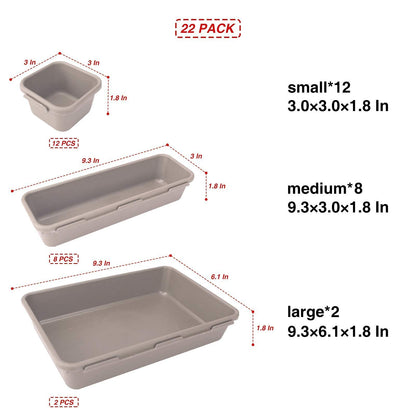 22 Pack Desk Drawer Organizers,Interlocking Junk Drawer Organizers and Storage with 3 Different Sizes,Multi-Purpose Desk Drawer Tray Organizer for Office,Bathroom,Kitchen(Gray)