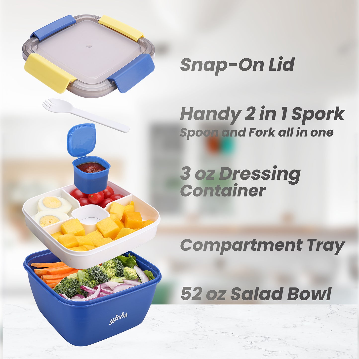 Bento Box Salad Lunch Containers with Compartments,52-oz Salad Bowl with Bento-Style Tray,Leak-Proof Lunch Box for Kids & Adults,BPA-Free and Food-Safe Materials(Blue)